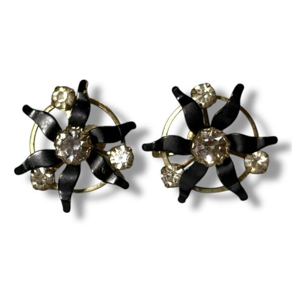 Vintage Floral Rhinestone Earrings Womens Whimsygoth Black GoldTone Screw Back - Picture 2 of 5